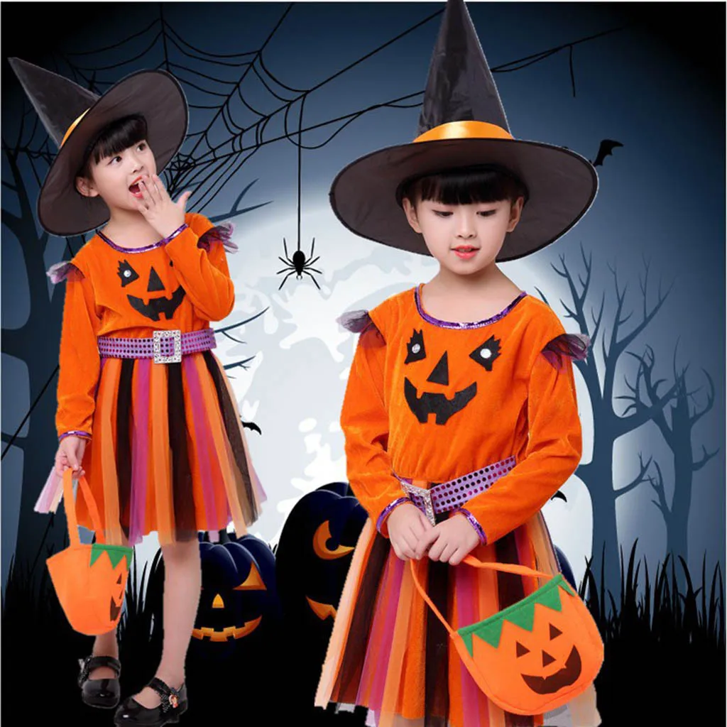 girl winter dress Toddler girls long sleeve Kids Baby Girl Halloween Pumpkin Tulle Dress+Cap+Bags Outfits Autumn Costume | Детская