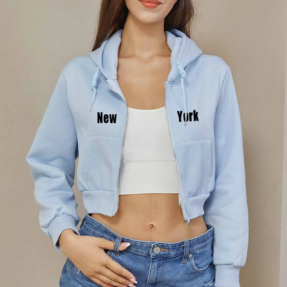 

Zipper Sweatshirts New York Print Crop Top Women Long Sleeve Sweatshirt Hoodies Vintage Fashion Cotton Cool Aesthetic Clothes