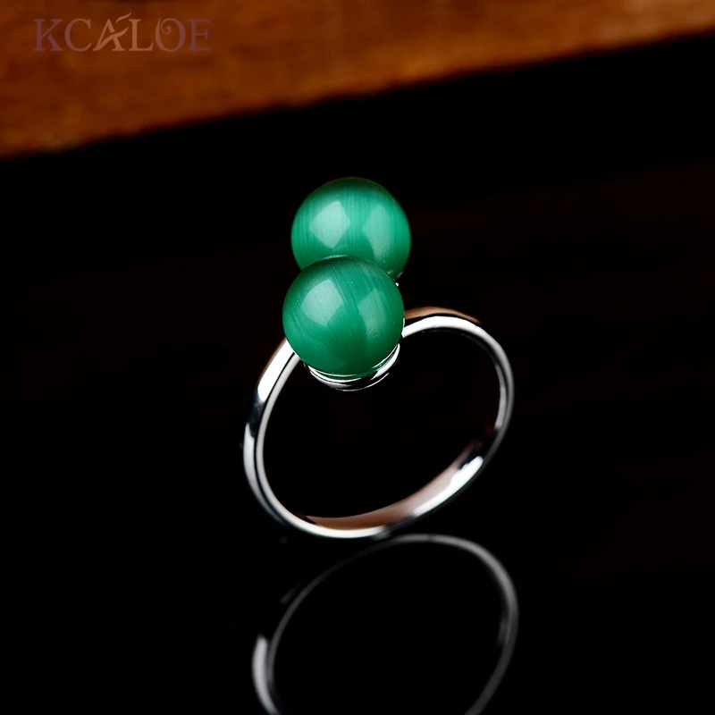 Кольцо с Двойными Шариками Натуральный Зелёный Опал Камень Посеребрённый Металл