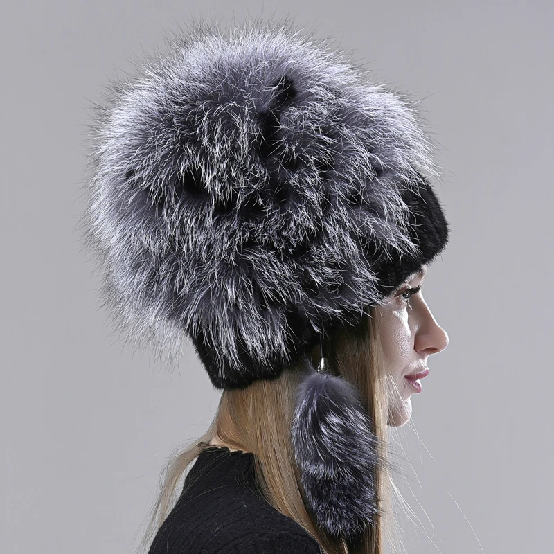 

fur hat russian bomber hats for women natual mink fox hat with balls fluffy fur hat,great gift for wife mom elegant winter hat