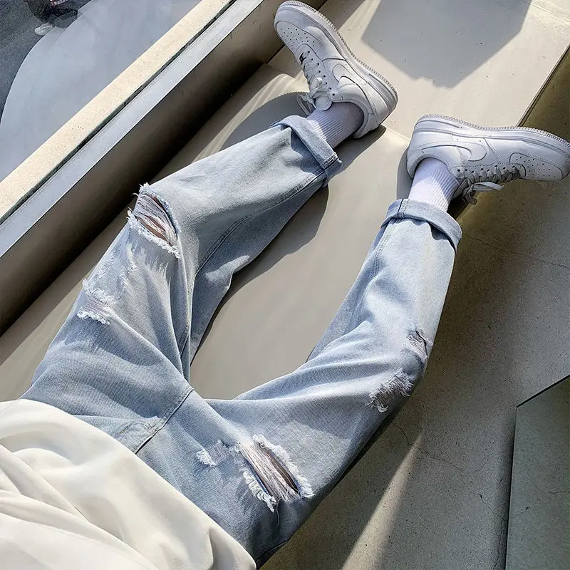 

Summer Ripped Jeans Men Korean Fashion Loose Straight-leg Jeans Men Harajuku Streetwear Hip-hop Retro Casual Denim Trousers Men