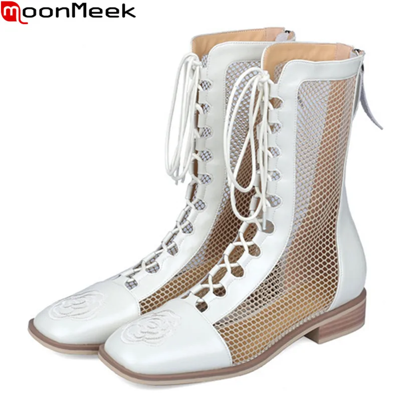 

MoonMeek 2021 New Genuine Leather Boots Women Fashion Lace Up Summer Boots Low Heel Square Toe Breathable Ankle Boots