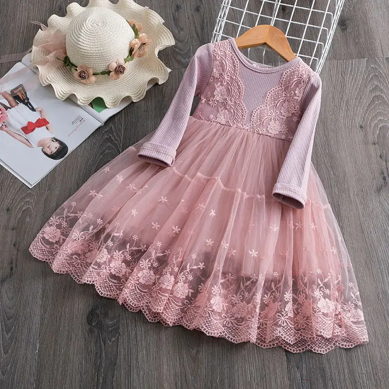 Pink Красные детские платья для девочек; кружевное платье с фатиновой юбкой и цветочным узором; свадебные платья для маленьких девочек; вечерние платья для дня рождения; Детская осенняя одежда - Цвет: Pink
