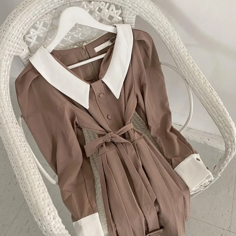 

Dress Spring and Autumn Small French Minority Lapel Temperament Waist-Controlled Breasted Short Skirt Slimming Pleated Skirt