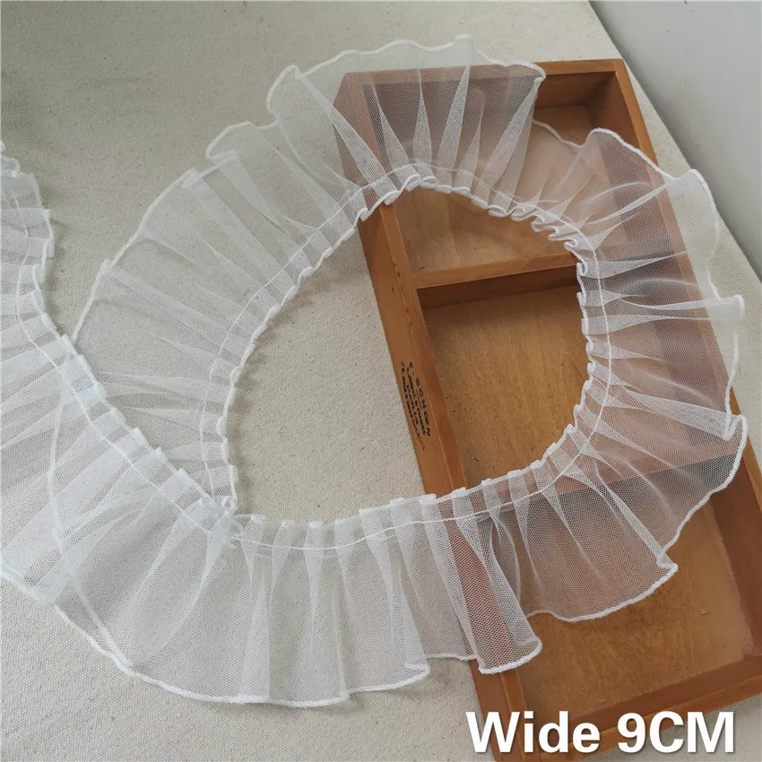 

9CM Wide White Tulle Fabric Pleated Lace And Guipure Appliques Ruffle Trim Tassel Ribbon Curtains Hats Sewing Trimmings Supplies
