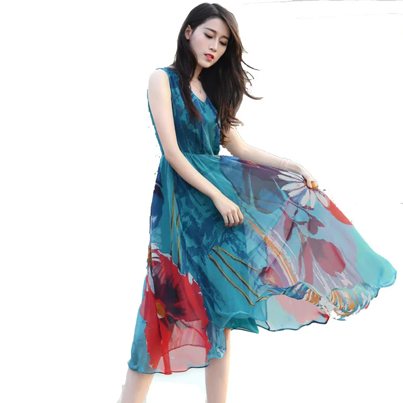 

2020 Womens Summer Boho Long Dress Fashion Casual Sleeveless Elegant Chiffon Midi Dress Women Bohemian Floral Print Beach Dress