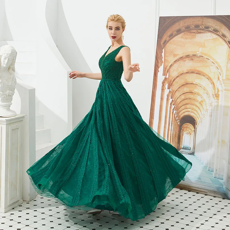 

Женское вечернее платье до пола, элегантное зеленое ТРАПЕЦИЕВИДНОЕ ПЛАТЬЕ С V-образным вырезом, расшитое бисером и блестками, 2019