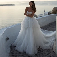 wholesale vintage tulle bridal wedding dresses a line sleeveless sweetheart beaded wedding gowns for bride tiered skirt 2021