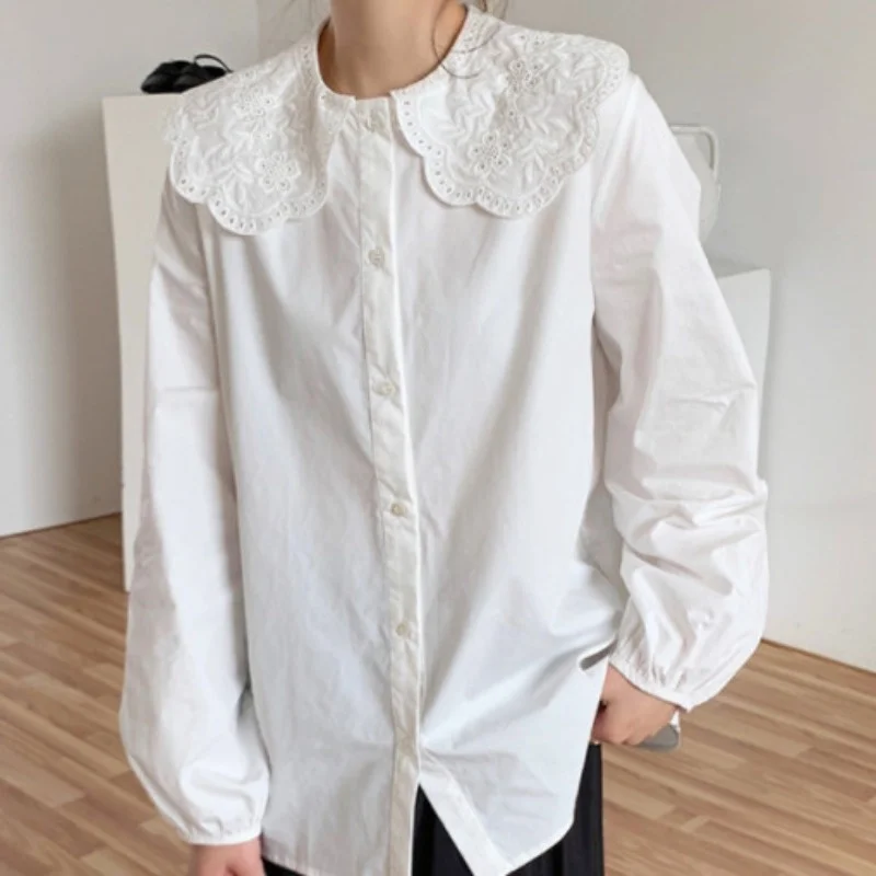 

Korean Chic Spring Shirt French Sweet Lace Doll Neck Age Reduction Versatile Single Breasted Loose Long Sleeve Shirt Top