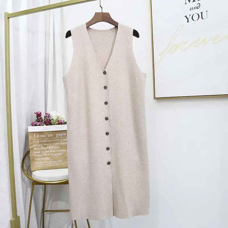 

Over the knee women pullover long knitted waistcoat sweater dress plus size casual loose solid sleeveless v neck