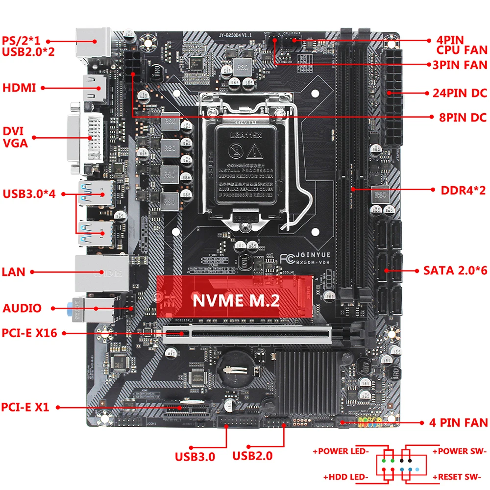 Материнская плата JGINYUE B250 процессор Intel Core/Pentium i3/i5/i7 память B250M-VDH 64 ГБ LGA 1151 |