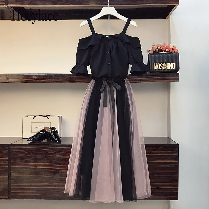 

plus size 2 Pieces Set Women's Sexy Suspenders Off Shoulder Short SleeveBlouses and Mesh Midi Skirt 2020 Summer Skirts Suits