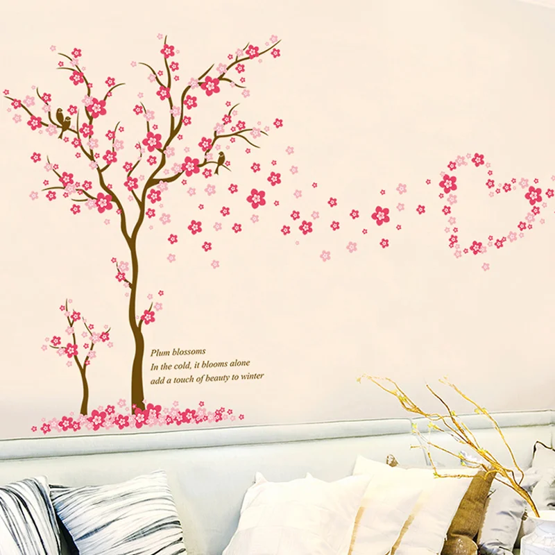 3D Pink Plum Flower Tree Love Wall Stickers PVC Living Room Bedroom Background Decoration Mural Art Decals Home Decor Sticker | Дом и сад