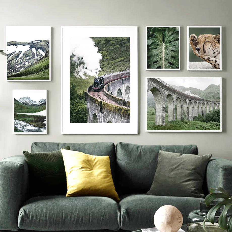 

Mountain Grassland Bridge Train Wall Art Canvas Painting Nordic Posters And Prints Landscape Wall Pictures For Living Room Decor