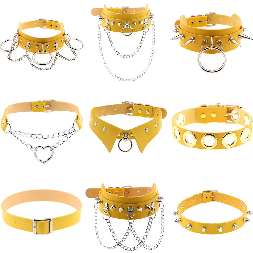

Unusual Gothic egirl Women Unisex yellow Leather Choker Punk charm Spike Rivet chain Necklace grunge goth student collar Jewelry