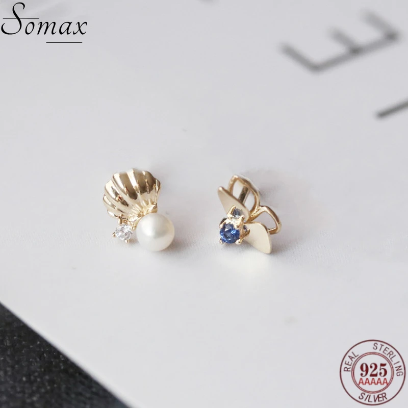 

925 Sterling Silver Plating 14K Gold Korean Asymmetry Pearl Blue Zircon Earrings Women Butterfly Simple Fashion Student Jewelry