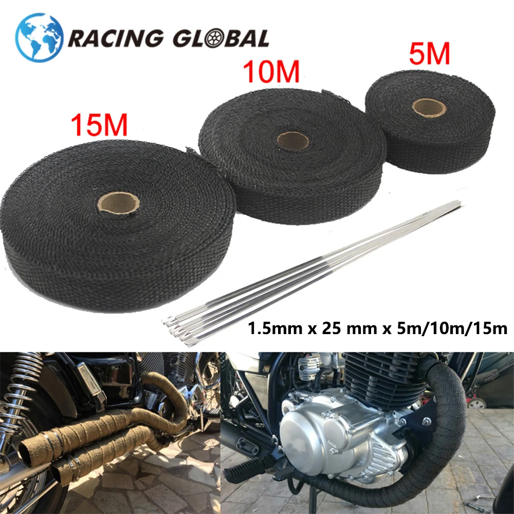 ALCON-5M/10M/15M Motorcycle Exhaust Thermal Tape Header Heat Wrap Manifold Insulation Roll Resistant with Stainless Ties gloves