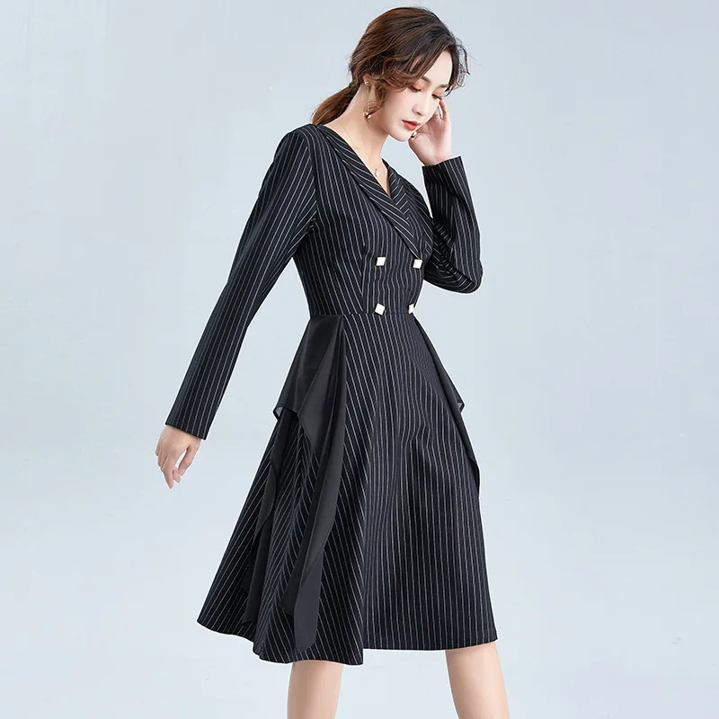 wreeima blue Stripe Women Dresses Office Lady Elegant Dress Turn-Down Collar Long Sleeve 2019 Autumn Button knee length | Женская одежда