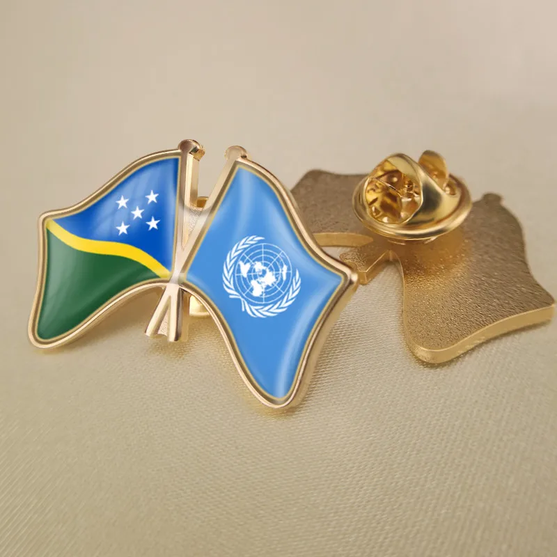 

United Nations and Solomon Islands Crossed Double Friendship Flags Brooch Badges Lapel Pins