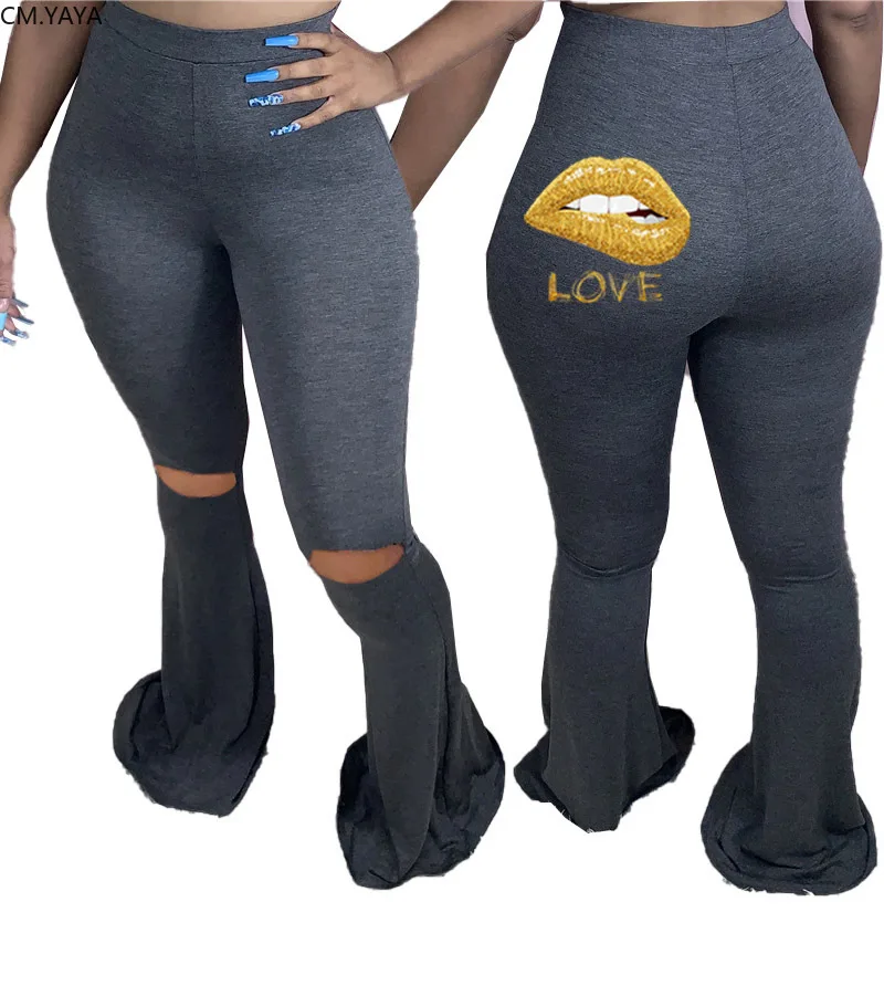 CM.YAYA Lips Love Print Women Elastic Hole Wide Leg Flare Pants Leggings High Waist Trousers Draped Jogger Sweatpants | Женская одежда