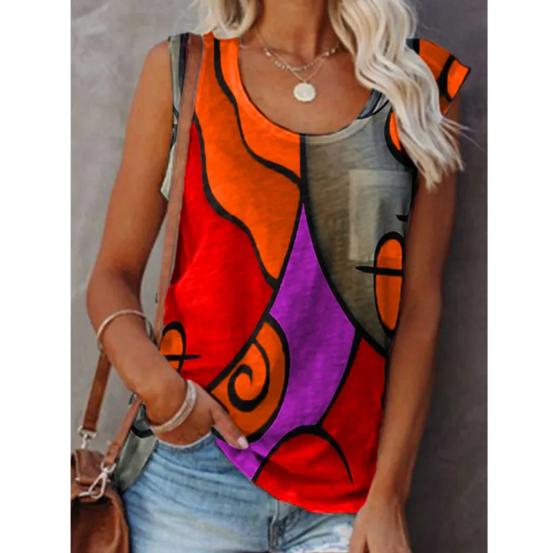 

2021 Summer Top Women Sleeveless Stitching T-Shirts Casual Off Shoulder Printing O Neck Tank Top Vintage Fashion Streetwear