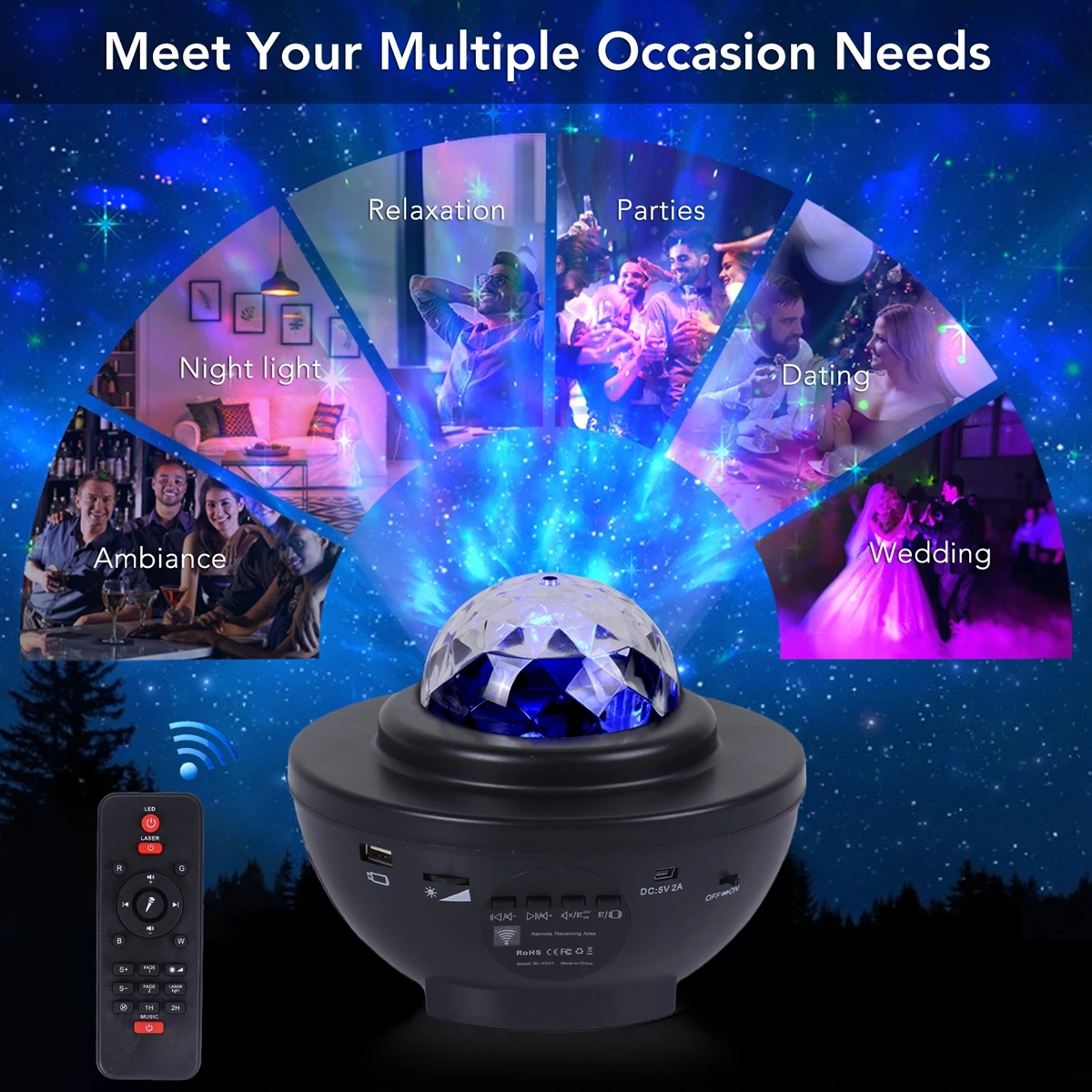 Купить Светодиодный проектор ZK50 Star Galaxy, проектор океанской музыки, Звездный проектор водяной волны, световой проектор с звуковой активацией