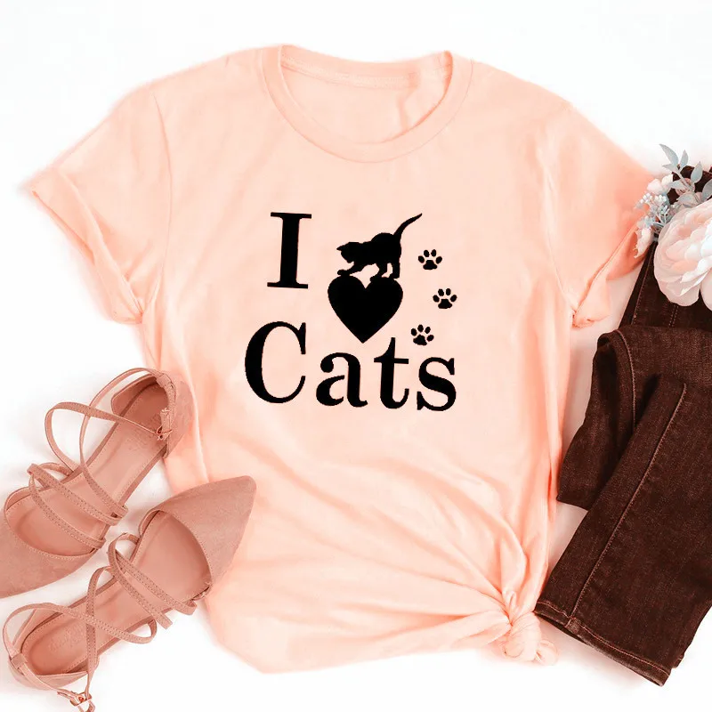 

100% Cotton Women T Shirt I LOVE CATS Printed Tshirt Ladies Short Sleeve Tee Shirt Women Female Tops Clothes Camisetas Mujer
