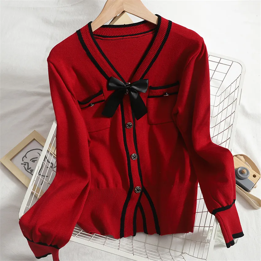

Korean Elegant Sweater Cardigan Women Girls Sweet Bow Single Breasted Knitted Striped Cardigans Mujer Spring Autumn Pull Femme