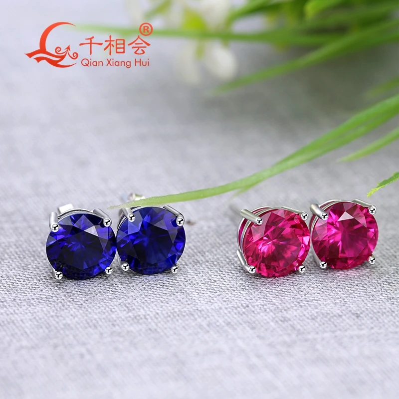 Серьги-гвоздики из серебра 925 пробы с розовым корундом круглой формы 8 мм |