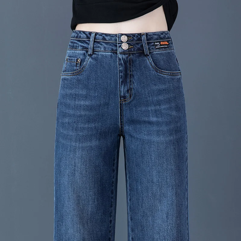 

Stretch Fabric Causal Washed Denim Double-Breasted New Fashion Woman Autumn Winter Classic Jean Wide Leg Pants High Waist