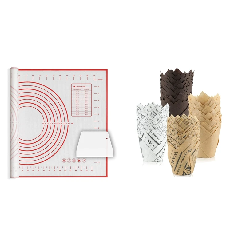 

200 Pcs Cupcake Muffin Liners Paper Baking Cups & 1 Set Non Slip Pastry Mat With Measurement-Free Baking Mat Sheet