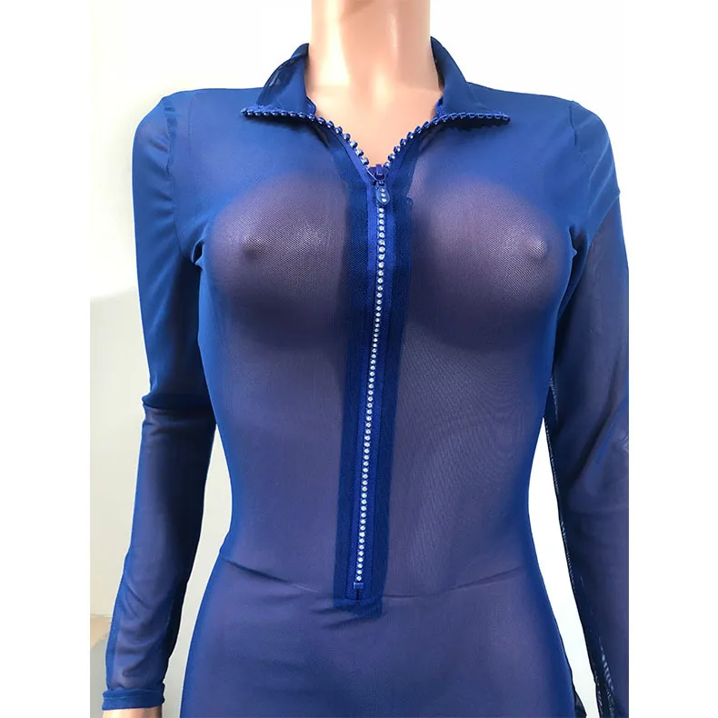 

Deep V-neck Mesh Summer Dress See Through Zipper Women Dress Long Sleeve Turn Down Collar Party Dress