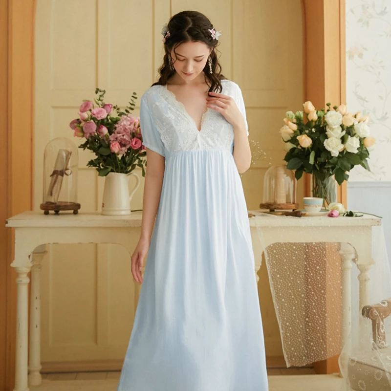 Sexy Lace Vintage Nightdress Sweet Negligee Nightwear V-neck Sleepwear  Ladies Summer Women Nightgowns Dress