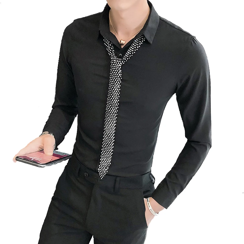 

Plus Size 5XL-M Spring New Casual Shirts for Men Clothing 2021 Long Sleeve Simple Slim Fit Night Club Prom Tuxedo Blouse Homme