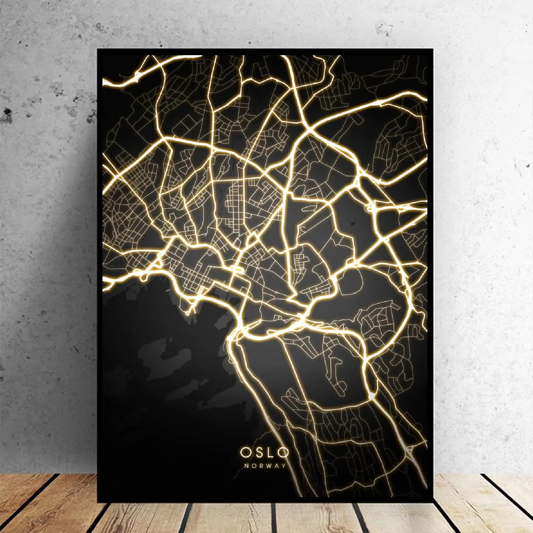 Осло норвежская черная и Золотая холст Настенная карта плакат | Дом сад