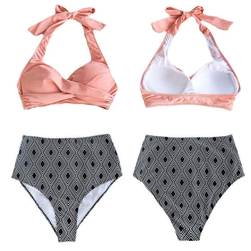 

Retro Pink Padded Bra High Waist Bikini Sets Women Fashion Push Up Bikini Bottom Swimwear Female Beach Swimwear Swimming Suit