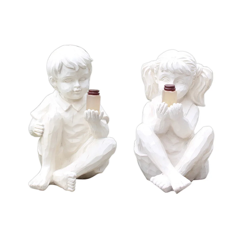 

A Kid With Solar Fireflies Garden Decoration Outdoor Statue Resin Jar Boy Girl Whimsical Flowerbed Yard Sculpture Decor