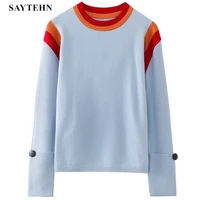 saythen japanese and korean sweet women fall winter fashion casual pullover blue top cuff button knit sweater bottoming jump