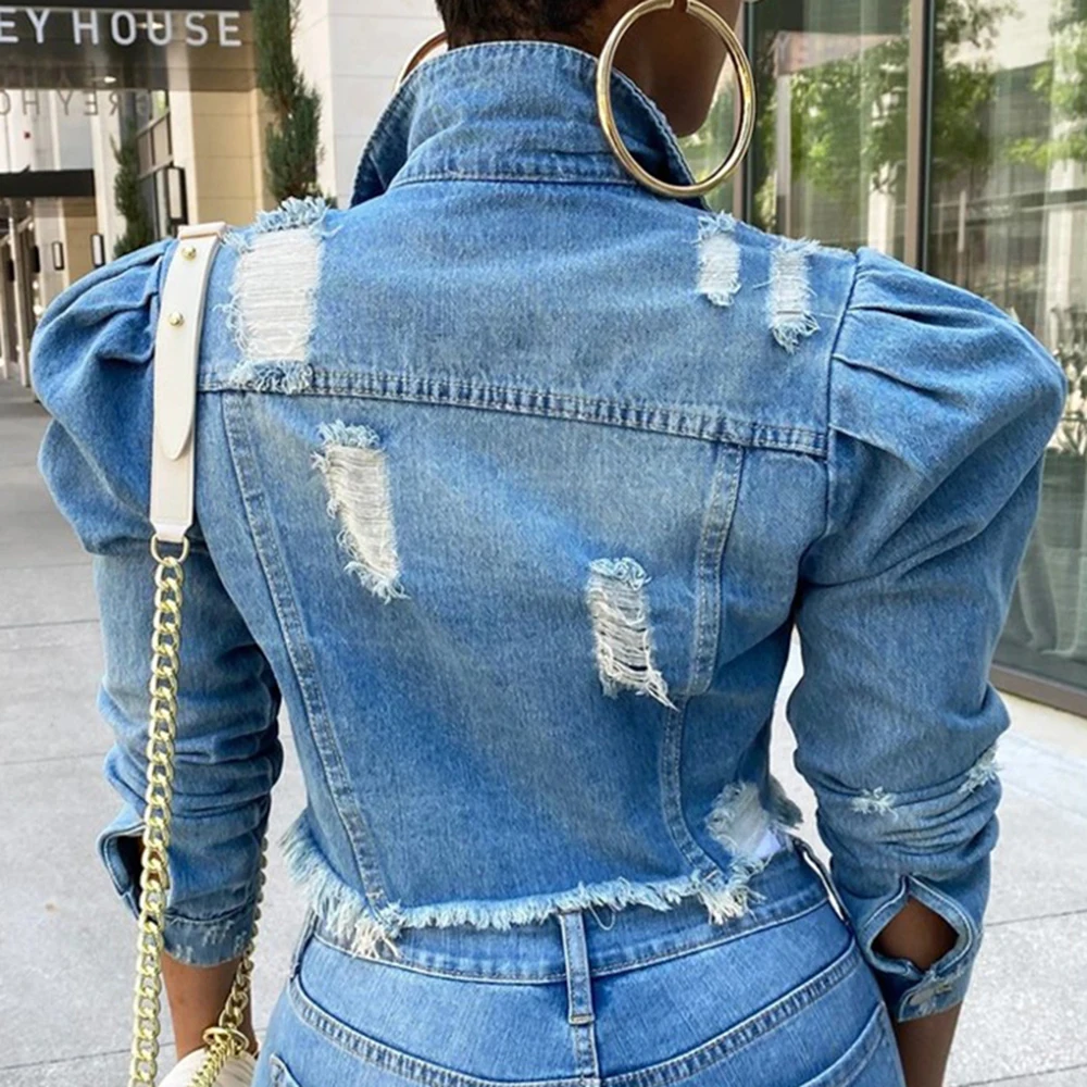 

2021 Big Sale Spring Women Sexy Ripped Denim Jackets Vintage Casual Short Jean Jacket Puff Sleeve Winter Female Coat Streetwear