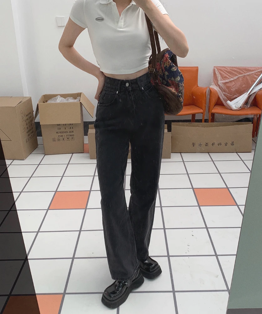 

2021 Street Style Love Pocket Straight Leg Pants Women's Retro Black Slim Skinny High Waist Denim Pants