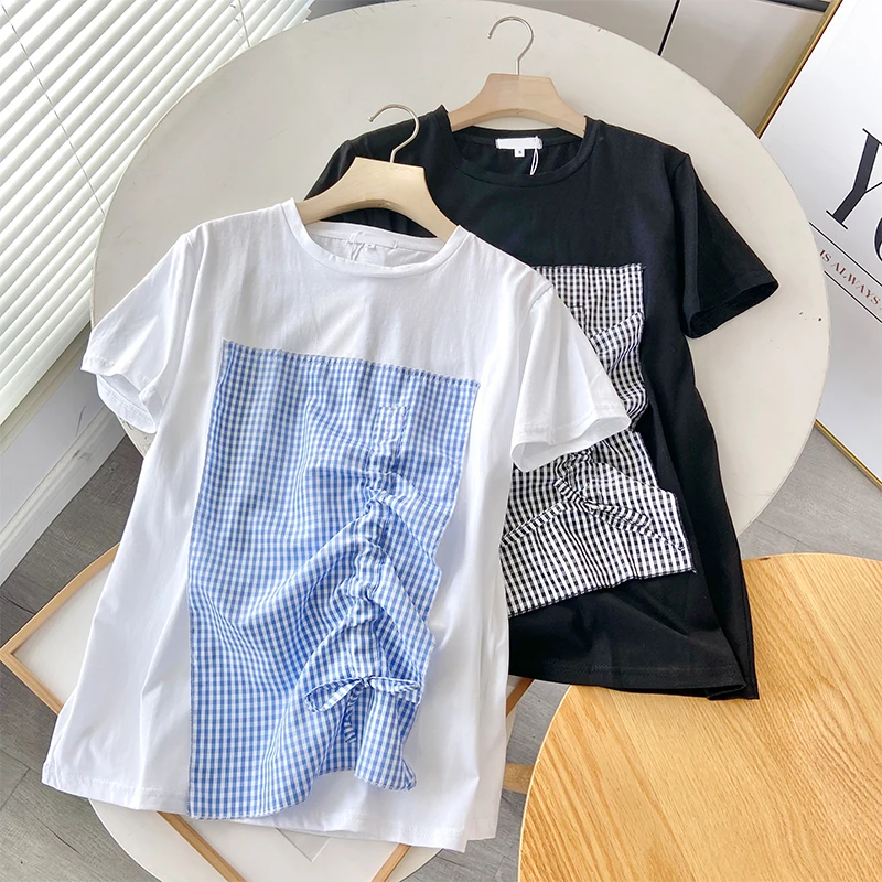 

EAYUCU 2021 Summer Women's New Products Niche Design Collar Checkered Stitching Drawstring Short Sleeve ET104