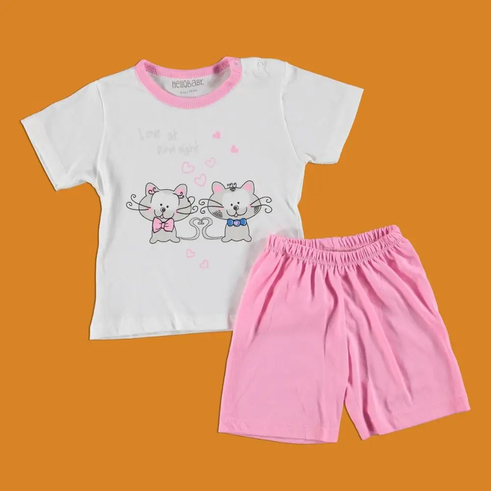 Ebebek HelloBaby/пижамный комплект с короткими рукавами и круглым вырезом; Летняя Повседневная хлопковая одежда с короткими рукавами и принтом; повседневная одежда для малышей; шорты