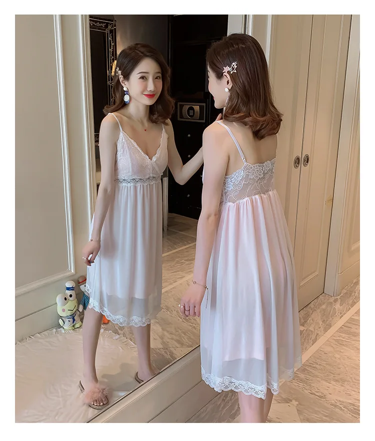 Summer Cotton Nightdress Women's Chest Pad Thin Sling Sexy Nightgown Lace Palace Princess Style Home Clothes Female Sleepwear