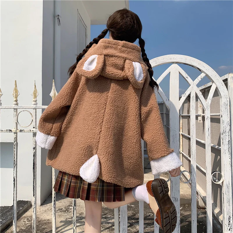 Winter Kawaii Girl Teddy Jacket Cute College Style Single Breasted Loose Thicken Warm Coat Women Fluffy Lamb Faux Fur Overcoat