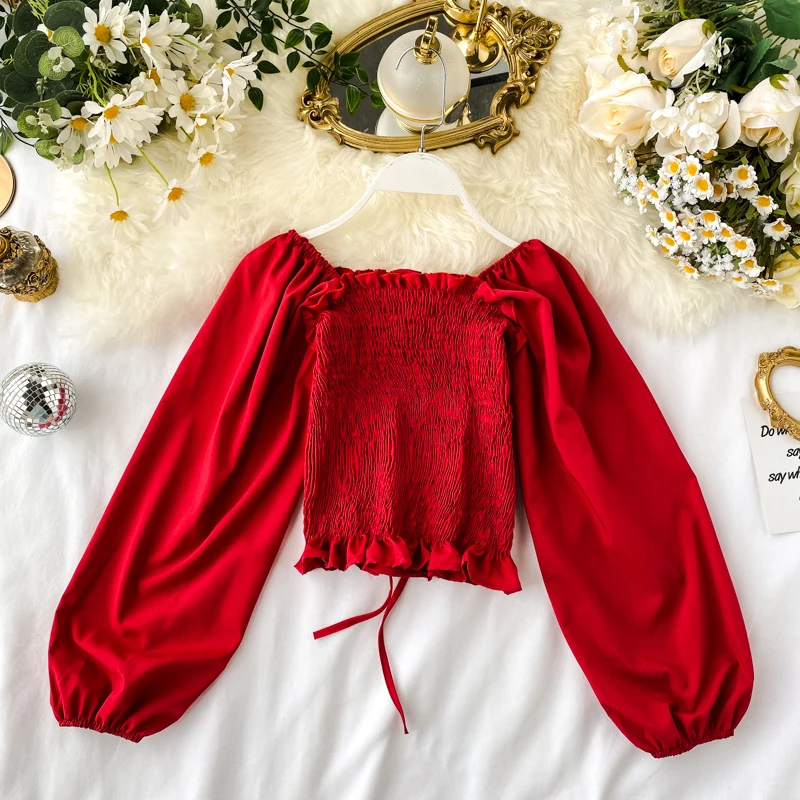 

Chiffon shirt female autumn short design off shoulder shirt sweet super fairy long sleeve lace up shirts women tops