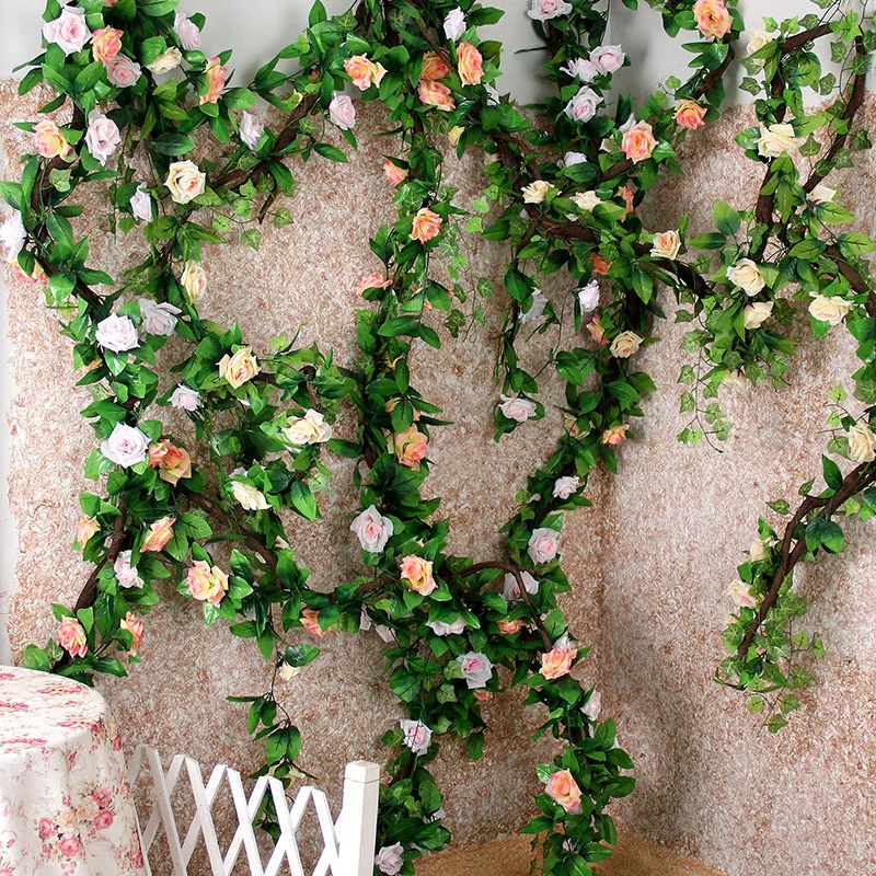 

235cm Long Artificial Rose Flowers Vine Green Leaves Silk Fake Rattan Garland For Wedding Garden Decoration Hanging Garland Wall