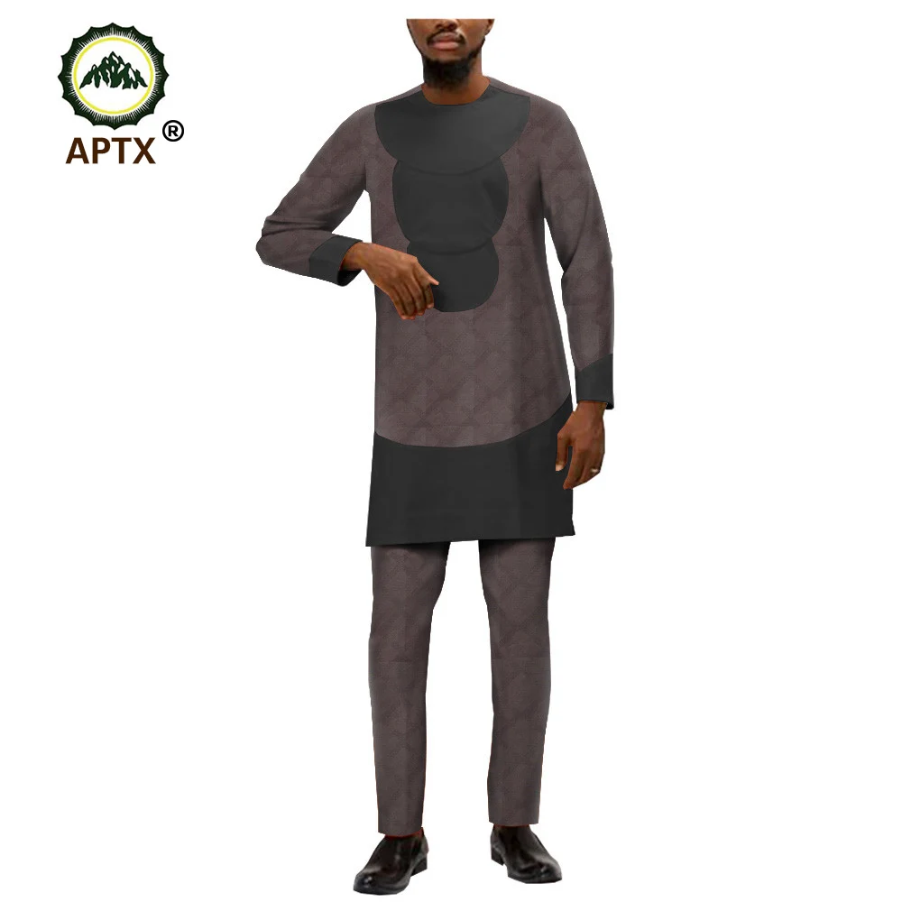 Africa print cotton suit for men bazin rich full sleeves side slit top+ slim pants men's casual T1916009 | Мужская одежда