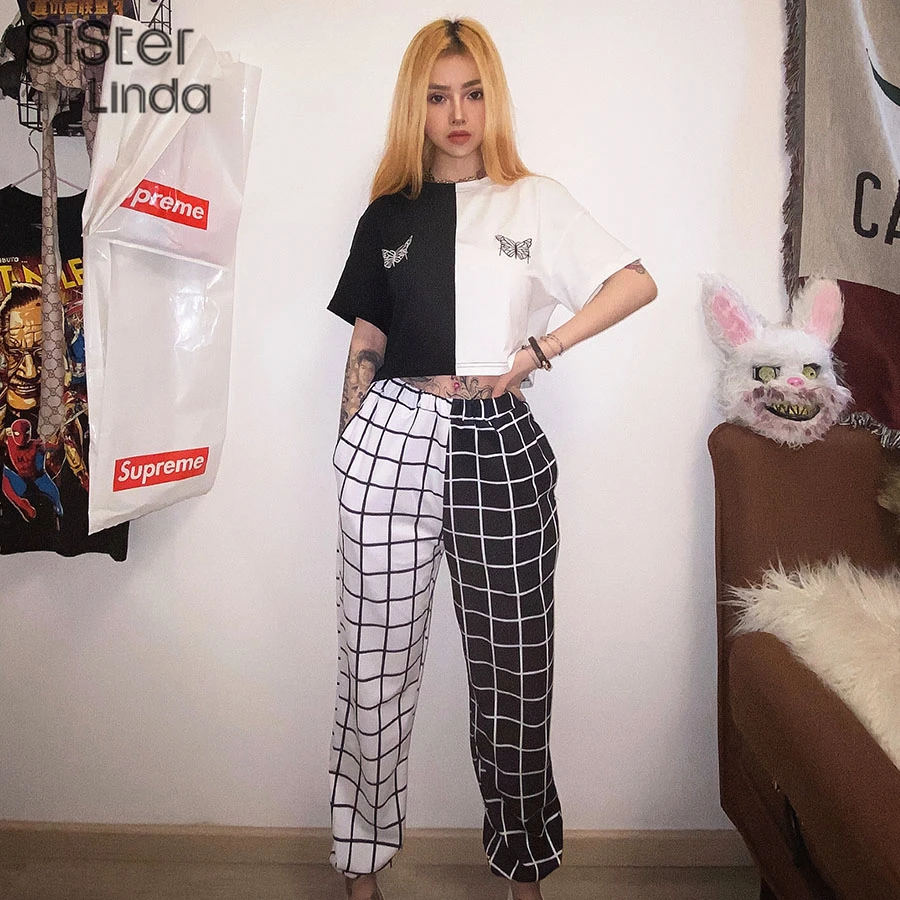 

Sisterlinda Contrast Cargo Pant For Women Loose Hight Waist Plaid Jogging Trousers Sporty Pants Elasticity Sportpants 2020Summer