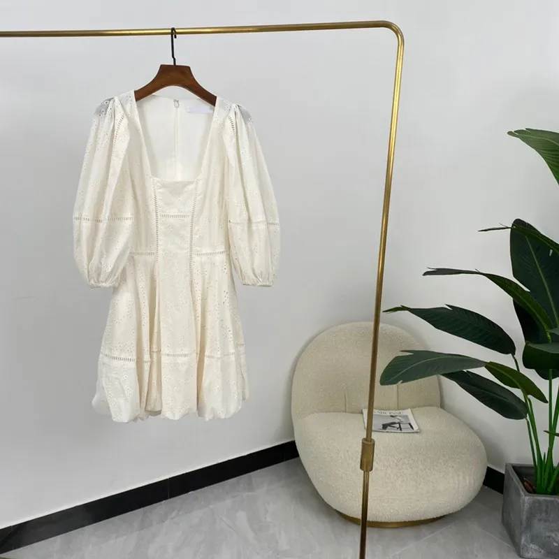 High Quality Cotton Summer Women Fashion A-line White Hollow Out Embroidery Square Collar Puff Sleeve Mini Dresses