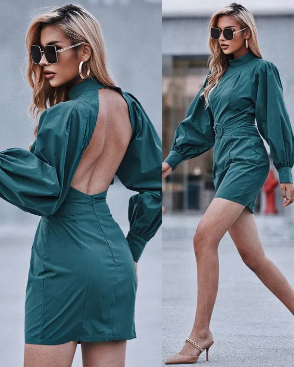 

Женское однотонное облегающее платье с рукавами-фонариками